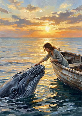 Woman and Whale at Sunset Painting