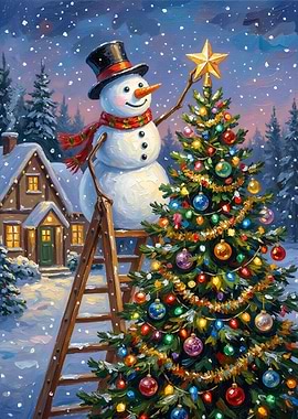 Snowman Decorating Christmas Tree