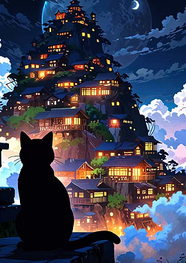 Black Cat Overlooking Japanese Village