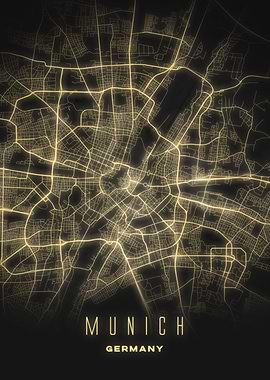 Illuminated Munich, Germany - Night Street Map Poster, Modern City Wall Art