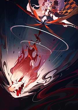 Anime Girl and Fiery Wolf Illustration