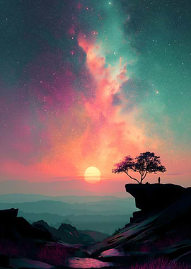 Silhouette on Cliff Under Starry Sky