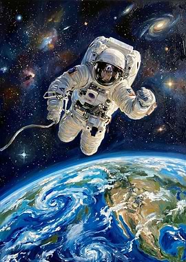 Astronaut in Space Above Earth Painting