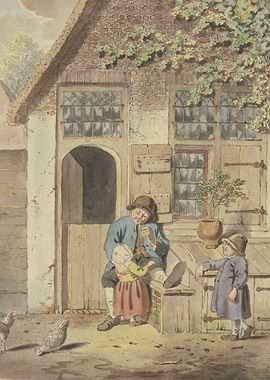 A farmer sits in front of a house