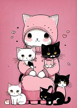 Cute Cats in Pink Illustration