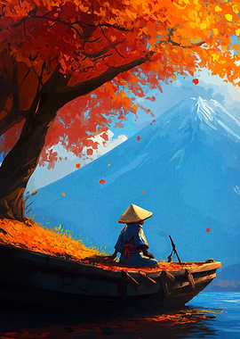 Autumn Serenity Boat Figure Mountain