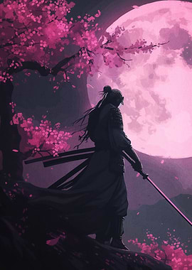 Samurai Cherry Blossoms and Moon
