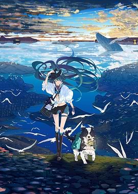 Anime Girl with Dog by the Sea