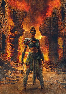 Female Gladiator Warrior in Burning Ruins