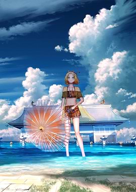 Anime Girl on Beach with Parasol