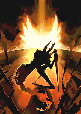 Silhouette Warrior in Fiery Landscape