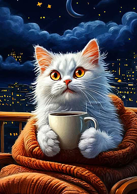 Cat with Coffee at Night