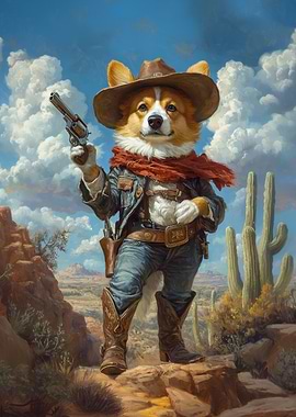Corgi Cowboy with Gun | Western Desert Art