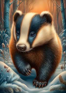 Badger in winter forest