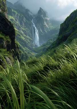 Lush Green Valley Waterfall Landscape