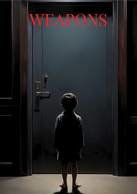Boy Facing Door Labeled 'Weapons'