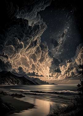 Dramatic Coastal Nightscape with Starry Sky