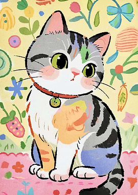 Cute Cat with Floral Background
