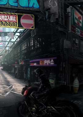 Cyberpunk Cityscape with Motorcyclist