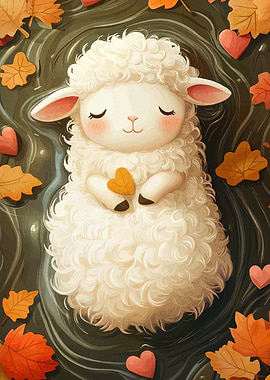Cute Sheep with Autumn Leaves