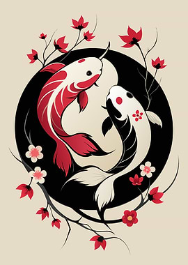 Yin Yang Koi Fish with Flowers