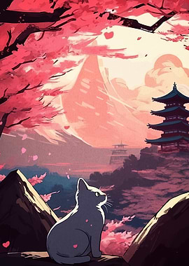Cat in Japanese Landscape with Pagoda