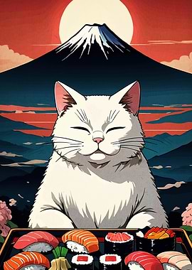 Cat with Sushi and Mount Fuji