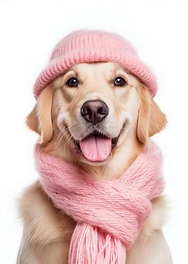 Cozy Golden Retriever with Pink Hat and Scarf