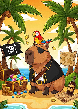 Capybara Pirate with Parrot on Island