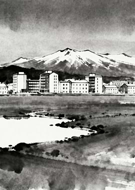 Monochrome Cityscape with Mountain Backdrop