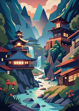 Japanese Village Landscape with Waterfalls