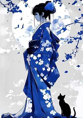 Blue Kimono Girl with Cat