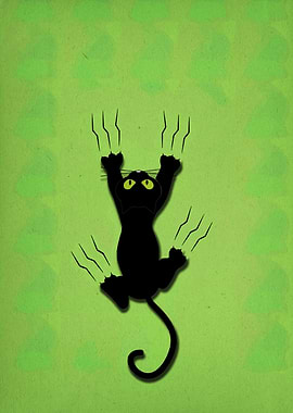 Black Cat Scratching Green Wall