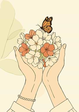 Hands Holding Flowers with Butterfly