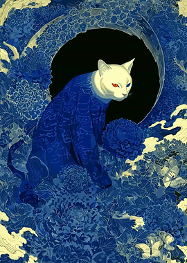 Blue Cat in Floral Crescent Moon
