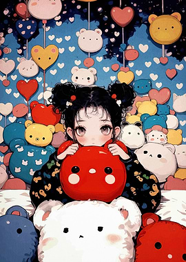 Anime Girl Surrounded by Bear Plushies
