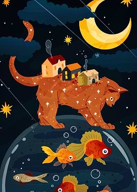 Surreal Cat with Houses and Fishbowl