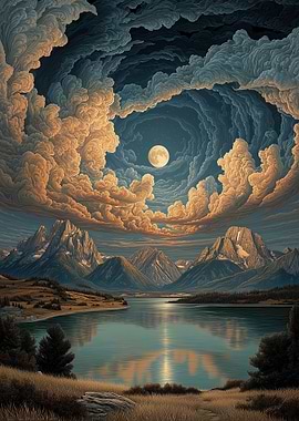 Mountain Lake Under a Cloudy Moon