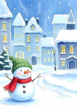 Snowman in Winter Town Watercolor Illustration