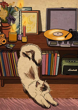 Cat Stretching in Cozy Room