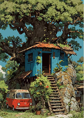 Treehouse and Van in Nature Scene