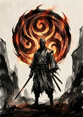 Samurai Warrior with Fiery Symbol holding sword