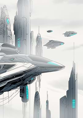 Futuristic Cityscape with Flying Spaceships