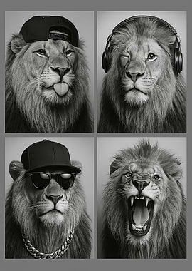 Monochrome Lions with Accessories Collage