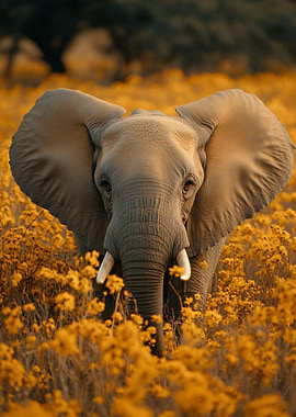 Elephant in a field of flowers