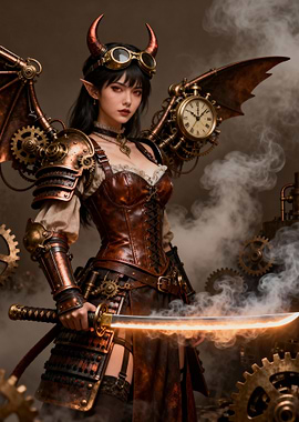 Steampunk Demon Warrior with Glowing Sword