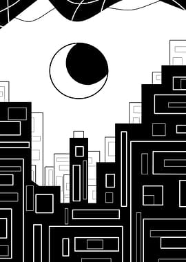 Black and White Cityscape with Moon