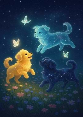 Celestial Puppies in a Starry Meadow