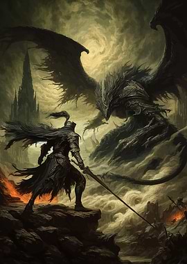Knight Facing Dragon Dark Fantasy