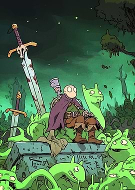 Cartoon Warrior King on Stone Throne